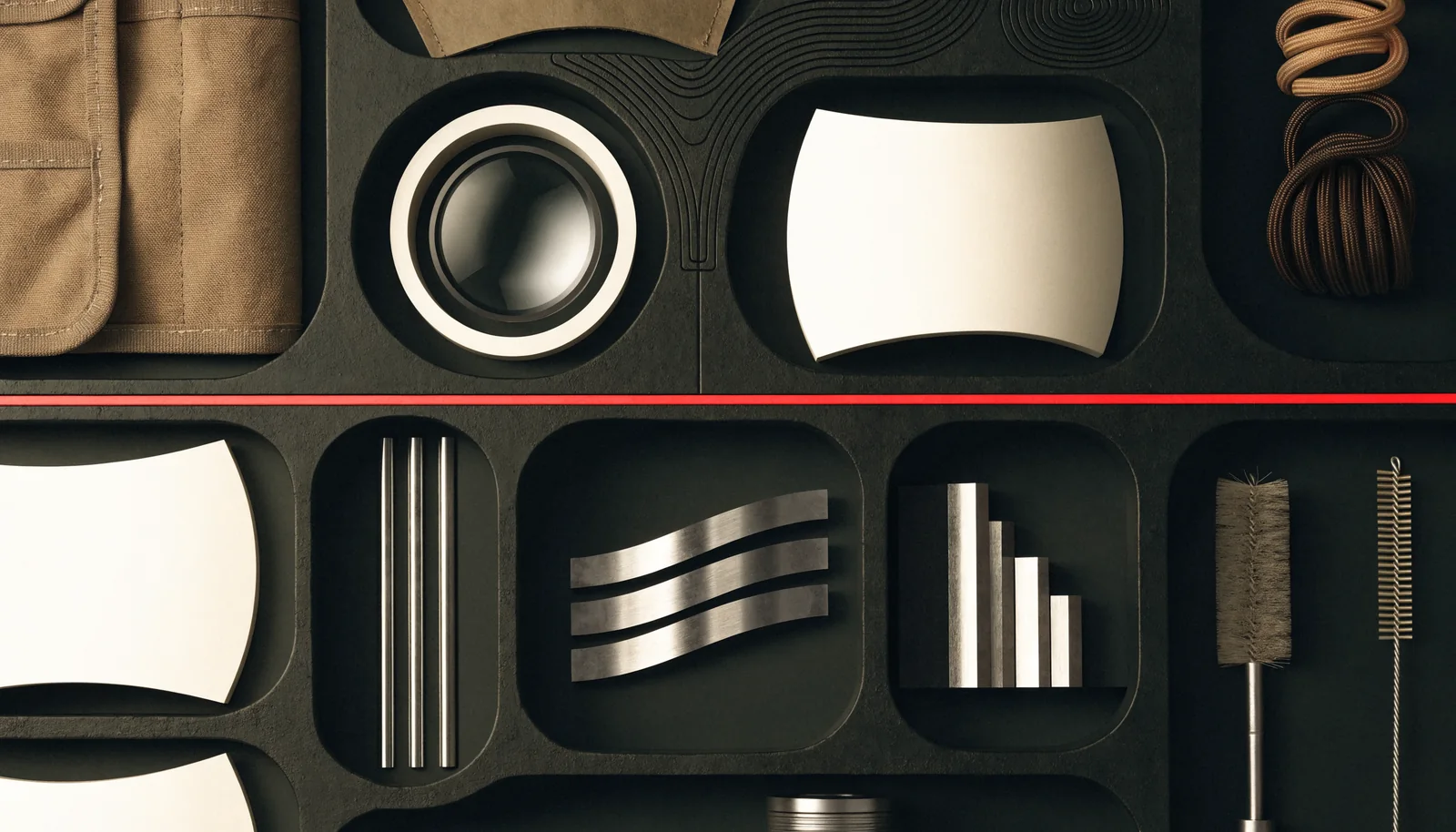 Organized sporting and outdoor equipment arranged on a dark precision bench