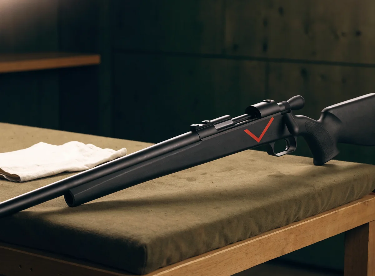 Illustrative generated image of an unloaded bolt-action sporting rifle on a bench